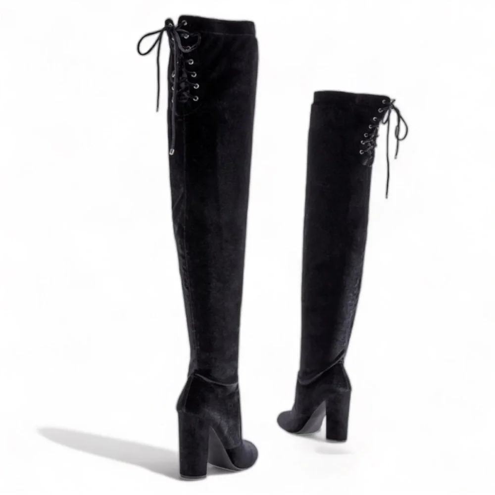 JustFab Thigh High Black Leona Lace Up Zipper Velvet Heeled Boots 5.5 US / 36 EU